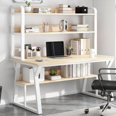 Imagem de Mesa de computador com gaiola e estante, mesa de estudo para escrita que economiza espaço com prateleiras de armazenamento abertas, mesa de madeira simples e moderna, mesa de estação de trab