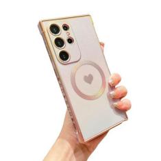 Imagem de phylla Capa de telefone magnética para Samsung Galaxy S24 Ultra 5g luxuosa banhada a laser iridescente coração fofo capa protetora a laser compatível com MagSafe macia à prova de choque lateral