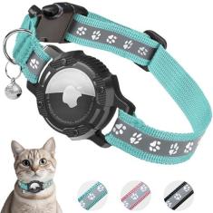 Imagem de Coleira refletiva para gatos AirTag, coleira para gatos com suporte de Airtag e sino, rastreador GPS integrado, coleira de gato com faixa elástica de segurança para meninas, meninos, gatos, filhotes