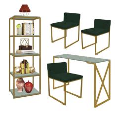 Imagem de Kit Escritório Bex 3 Cadeiras Suede Verde com 1 Mesa e 1 Livreiro Ferro Dourado MDF Verde Oliva - Ahazzo Móveis