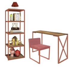 Imagem de Kit Escritório Bex 1 Cadeira Suede Rose com 1 Mesa e 1 Livreiro Ferro Bronze MDF Carvalho - Ahazzo Móveis