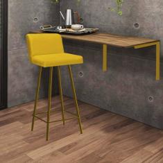Imagem de Kit Mesa Suspensa de Parede Fixa MDF Carvalho + 1 Banqueta Lexi Ferro Dourado Sintético Amarelo - Ahazzo Móveis