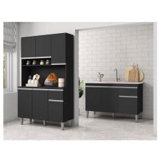 Imagem de Balcão De Pia Tatiane 120 Cm E Armário Cozinha Kit Márcia Ambiente Preto Fosco - Ajl
