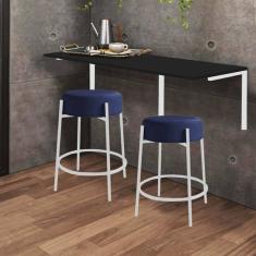 Imagem de Kit Mesa Suspensa de Parede Fixa MDF Preto + 2 Banquetas Sintra Ferro Branco Sintético Azul Marinho - Ahazzo Móveis