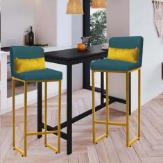 Imagem de Kit 02 Banqueta Alta com Encosto Lucca Industrial Cozinha Balcão Ferro Dourado Suede Azul Turquesa e Almofada Amarelo - Ahazzo Móveis