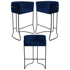Imagem de Kit 3 Banquetas Base Aço Preto Betina B-304 Veludo Azul Marinho - Domi
