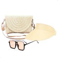 Imagem de Kit Bolsa de Palha + Viseira Solar Feminina e Óculos de Sol Grande Verão Piscina Moda Praia (PALHA)