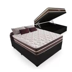 Imagem de Cama Box Com Baú Casal Suede Preto com Colchão De Molas - Anjos - Superlastic 138 cm