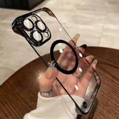 Imagem de Luxo transparente ultra fino caso sem moldura para iphone 15 14 13 12 pro max magnético sem fio de carregamento telefone capa, preto, para iphone 13 pro