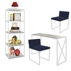 Imagem de Kit Escritório Bex 2 Cadeiras Suede Azul Marinho com 1 Mesa e 1 Livreiro Ferro Branco MDF Marmorizado Cinza - Ahazzo Móveis