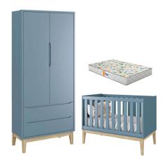 Imagem de Berço Americano e Guarda Roupa 2 Portas New Classic Azul com Pés Madeira Natural e Colchão Gazin - Reller 
