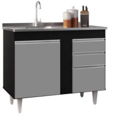 Imagem de Balcão Gabinete 100cm Sem Tampo 3 Portas 2 Gavetas Luziania Preto/Cinz