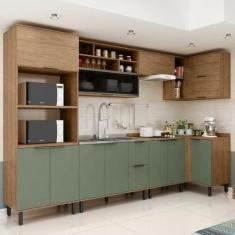 Imagem de Cozinha Modulada Toscana 7 Peças Mdf com Aéreo 1200 Porta de Vidro Basculante e Armários Canto Freijó/Jade