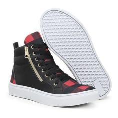 Imagem de Tênis Sneaker Cano Alto Feminino Cadarço Zíper Estilo Macio Preto Xadr