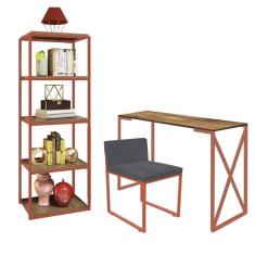 Imagem de Kit Escritório Bex 1 Cadeira Suede Cinza com 1 Mesa e 1 Livreiro Ferro Bronze MDF Imbuia - Ahazzo Móveis