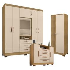 Imagem de Guarda Roupa Casal Imperial e Cômoda Madri com Armário Multiuso Versatile Carvalho Americano Off White - Incorplac