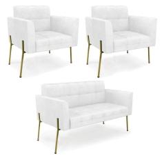 Imagem de Sofá Namoradeira E 2 Poltronas Pé De Ferro Dourado Elisa Corano Branco D03 - D`rossi