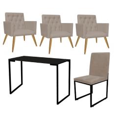 Imagem de Kit Escritório Stan 3 Poltronas Capitonê com Cadeira e Mesa Industrial Tampo Preto Suede Bege - Ahz Móveis