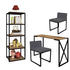 Imagem de Kit Escritório Bex 2 Cadeiras Suede Cinza com 1 Mesa e 1 Livreiro Ferro Preto MDF Castanho - Ahazzo Móveis