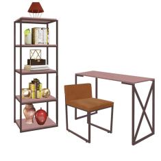 Imagem de Kit Escritório Bex 1 Cadeira Suede Terracota com 1 Mesa e 1 Livreiro Ferro Marrom MDF Rose Rosa - Ahazzo Móveis