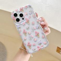 Imagem de UEEBAI Linda capa transparente para iPhone 15 Pro Max de 6,7 polegadas, capa de flores onduladas, bonita, leve, bonita, encaracolada, transparente, capa elegante e macia à prova de choque, capa bonita
