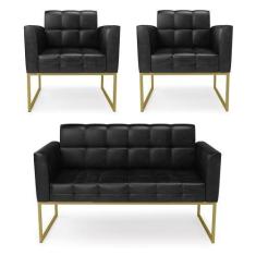 Imagem de Kit 1 Sofá Namoradeira E 2 Poltronas Elisa Corano Preto Base Metálica
