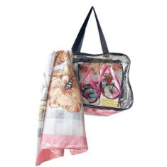 Imagem de Bolsa Praia PVC Cristal Transparente + Chinelo Decorado + Lenço Cetim Grande Multiuso Bandana = 3 Produtos (37-38)