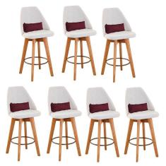 Imagem de Kit 07 Banquetas Alta Maya Giratória Com Encosto Gourmet Linho Bege e Almofada Sintético Bordô - Aurora Line