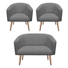 Imagem de Kit 02 Poltronas e 01 Namoradeira Stella 02 Lugares Linho Grafite A26 Pés Palito Natural - D'Rossi