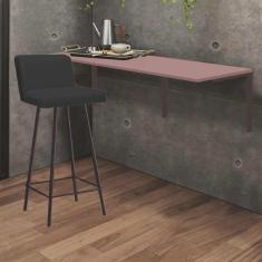 Imagem de Kit Mesa Suspensa de Parede Fixa mdf Rosa + 1 Banqueta Lexi Ferro Preto Suede Marrom - Ahazzo Móveis