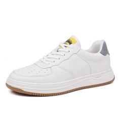 Imagem de Sapatos casuais masculinos de couro genuíno - tênis preto e branco, sapatos esportivos de couro de grão plano para estudantes, Branco, 37