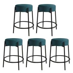 Imagem de Kit 05 Banquetas Alta Sintra 65cm Redonda Ferro Preto Suede Azul Turquesa - Ahazzo Móveis