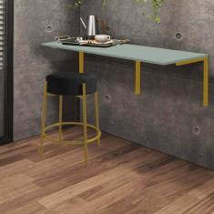 Imagem de Kit Mesa Suspensa de Parede Fixa MDF Verde Oliva + 1 Banqueta Sintra Ferro Dourado Suede Preto - Ahazzo Móveis