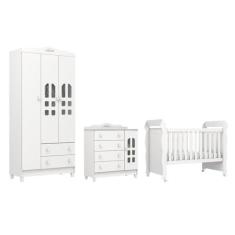 Imagem de Quarto de Bebê Provençal Lisa Berço Mini Cama Guarda Roupa 3 Portas Cômoda Infantil Branco Carolina Baby