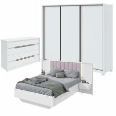 Imagem de Quarto com Guarda-roupa 3 Portas 6 Gavetas, cômoda Urban 8 Gavetas e Cama Solaris Branco