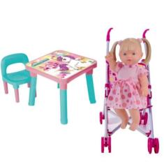 Imagem de Mesa Cadeira Infantil Unicórnio + Boneca Elisi E Carrinho - Monte Líba