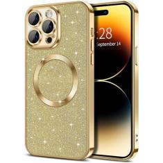 Imagem de miyonsin Capa para iPhone 13 com glitter, capas de telefone magnéticas transparentes compatíveis com protetor MagSafe Bling Plating TPU macio fino à prova de choque, capa protetora para lente de