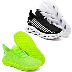 Imagem de Kit 2 tênis Esportivo Trança + Colmeia Preto Branco e Verde 41