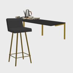 Imagem de Kit Mesa Suspensa de Parede Fixa mdf Preto + 1 Banqueta Lexi Ferro Dourado Sintético Preto - Ahazzo Móveis