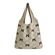 Imagem de TEBIEKOY Bolsa feminina de crochê, bolsa de ombro boho, de malha, estética, com laço, bolsa de ombro, linda bolsa de viagem, Bege