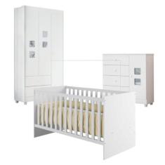 Imagem de Quarto de Bebê com Berço com Suporte, Cômoda 1 Porta 4 Gavetas Life e Roupeiro 3 Portas 2 Gavetas Branco