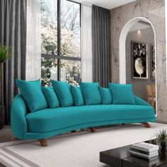 Imagem de Sofá Living 3 Lugares 265cm Pés Madeira Morales com Almofadas Veludo Azul Tiffany G52 - Gran Belo