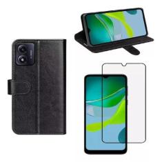 Imagem de Capa Capinha Carteira Preta + Película Vidro 3D Para Motorola E13 - R&
