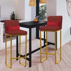 Imagem de Kit 02 Banqueta Alta com Encosto Lucca Industrial Cozinha Balcão Ferro Dourado Sintético Vermelho e Almofada Vermelho - Ahazzo Móveis
