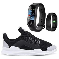 Imagem de Tênis Caminhada Corrida Leve Macio Confortável Fitness Academia + Pulseira Inteligente M3 - Preto - 37