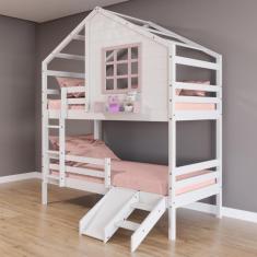 Imagem de Beliche Casinha Com Janela Com Escada- Escorregador E Grade De Proteção Madeira Branco- Rosa