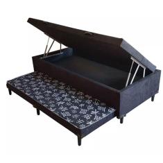 Imagem de Cama Baú Solteiro C/ cama Auxiliar Ortopédica 88 x 188- Suede Preto - Tampo Japonês Preto