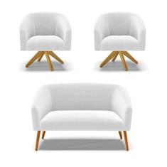 Imagem de Kit 1 Sofá Namoradeira E 2 Poltronas Stella Bouclê Base De Madeira Ma30 - D`rossi Cor Off White