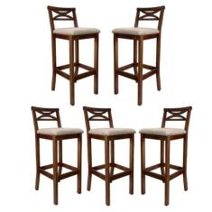 Imagem de Kit 5 Banquetas Média Estofada para Bancada Madri Madeira Castanho Suede Bege CCS