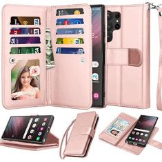 Imagem de Njjex Capa para Galaxy S23 Ultra, para Samsung Galaxy S23 Ultra, [9 compartimentos para cartão] Suporte para cartão de crédito de couro PU Flip Flip [destacável] Capa magnética para celular e cordão